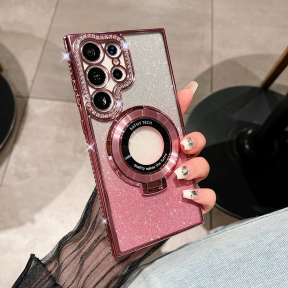 Glitter Kickstand Magnetic Case for Samsung Galaxy S25, Luxury Bling Sparkly Diamond Rhinestone with Ring Stand Plating TPU Bumper Slim Women Girls Case for Samsung Galaxy S25, Pink