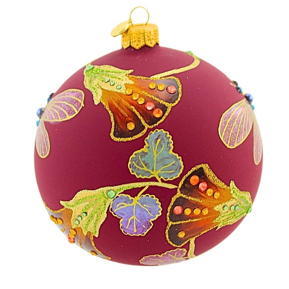 Glitter Lab 5.00In Amber Flowers Burgundy Ball Glass, Christmas European Flower 4460Kbb