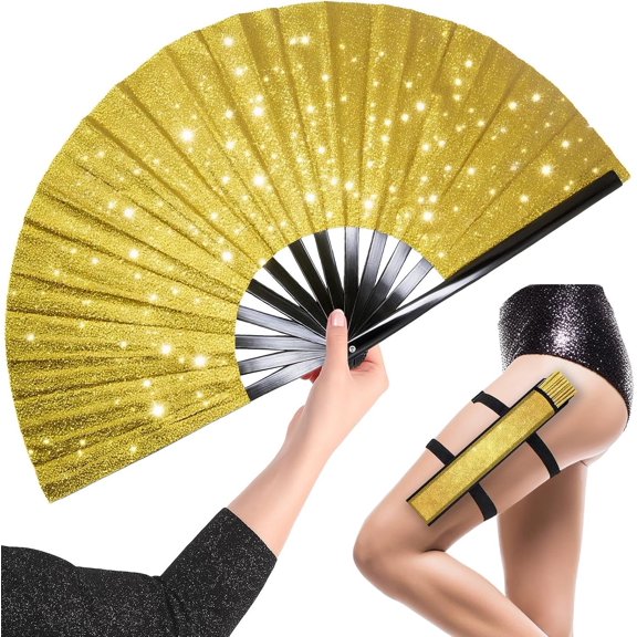 Glitter Large  Clack Popping Fan for Line Dancing with Holster - 13'' Boots  The Ground Folding Hand Fan - for EDM,  Festival, Hot Flashes, Party, Decoration (Golden)