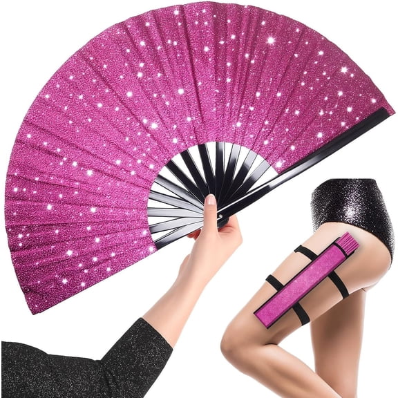 Glitter Large  Clack Popping Fan for Line Dancing with Holster - 13'' Boots  The Ground Folding Hand Fan - for EDM,  Festival, Hot Flashes, Party, Decoration (Hot )