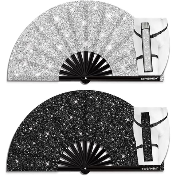 Glitter Large Rave Folding Clack Hand Fan with holster for men/women Handheld Fan for EDM,Festival,Club,Party,Dance (Blk)