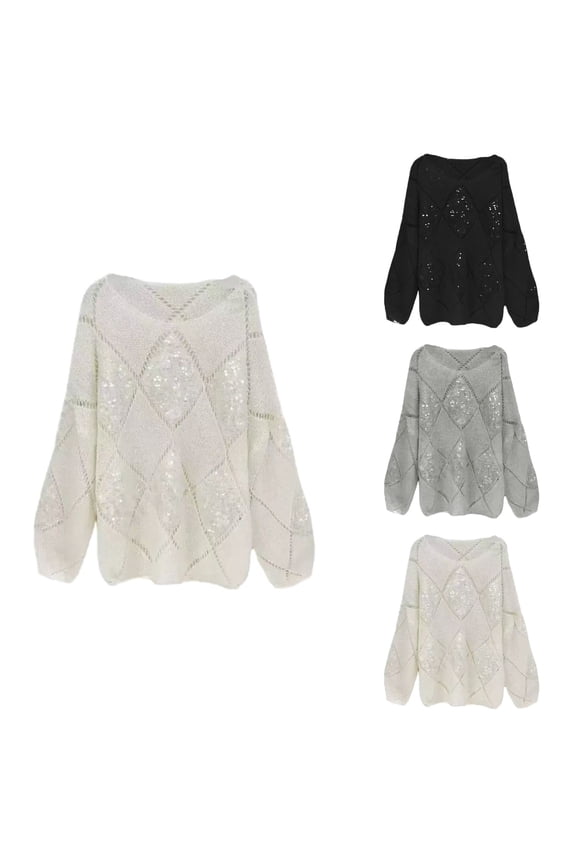 Glitter Lattice Knit Sweater Long Sleeve Pullover Top With Rhinestone Design Loose Casual Tunic Shirt