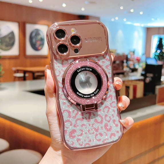 Glitter Leopard Pattern Plating Case for iPhone 14 Pro Compatible with MagSafe, Military Grade Shockproof Camera Lens Protector Magnetic Ring Stand for Secure Hold & Kickstand Cover, Rosegold