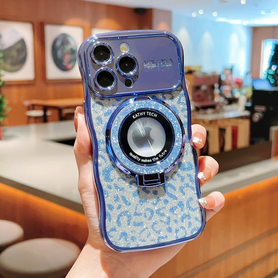 Glitter Leopard Pattern Plating Case for iPhone 14 Pro Compatible with MagSafe, Military Grade Shockproof Camera Lens Protector Magnetic Ring Stand for Secure Hold & Kickstand Cover, Blue