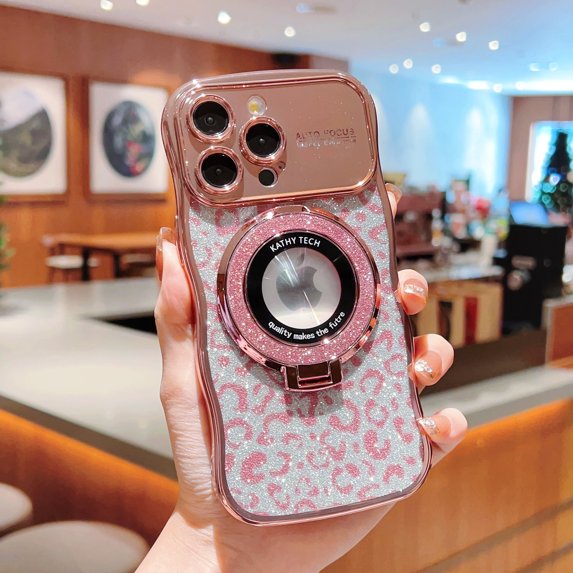Glitter Leopard Pattern Plating Case for iPhone 14 Pro Max Compatible with MagSafe, Military Grade Shockproof Camera Lens Protector Magnetic Ring Stand for Secure Hold & Kickstand Cover, Rosegold