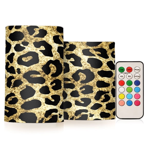 Glitter Leopard Print Pattern Flameless LED Candle Set with Remote, Battery Operated Color Changing Pillar Candles, Set of 2