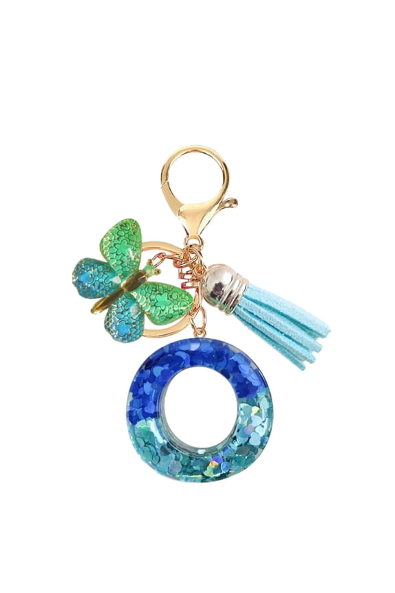 Glitter Letter O Keychain - Blue Green Gradient Ring Charm with Butterfly & Tassel Detail, Portable Size, Sparkly Design for Backpacks, Car Keys & Beach Gift