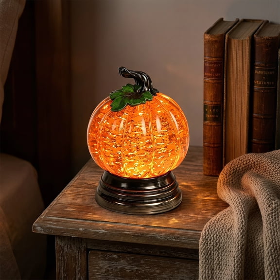 Glitter Lighted Pumpkin Snow Globe, Floating Sequins Water Globe Accent Lamp, Battery Night Light for Fall Halloween Thanksgiving Coffee Table Decor