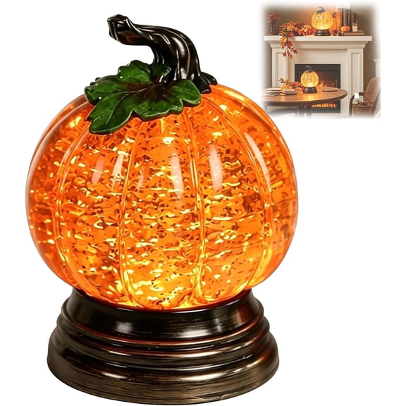 Glitter Lighted Pumpkin Snow Globe, Lighted Pumpkin Snow Globe with Swirling Glitter, Fall Harvest & Thanksgiving Tabletop Decoration for Home, Mantel, Shelf