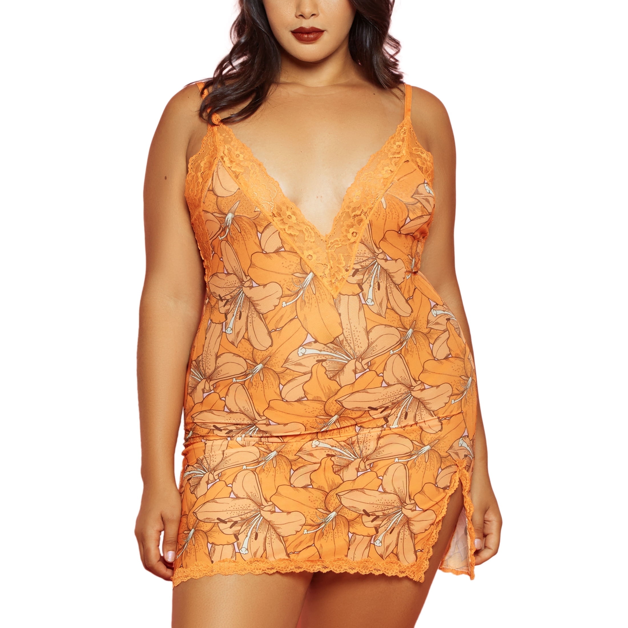 Glitter Lingerie Women's Plus Size Floral Lingerie Chemise and Panty Set, Orange 1-Pack