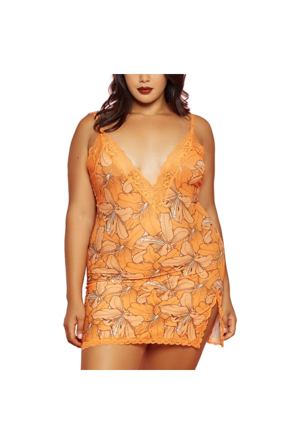 Women's Plus Size Floral Lingerie Chemise and Panty Set, Orange 1-Pack