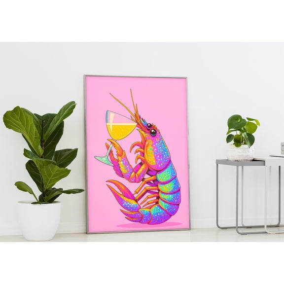 Glitter Lobster Champagne Pop Art Poster: Quirky Coastal Decor, Unframed Poster Size 8x12