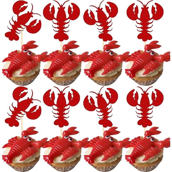 Glitter Lobster Cupcake Toppers, Red Crayfish Picks, Ocean Theme Birthday Baby Shower Party Decorations, 12 Pack