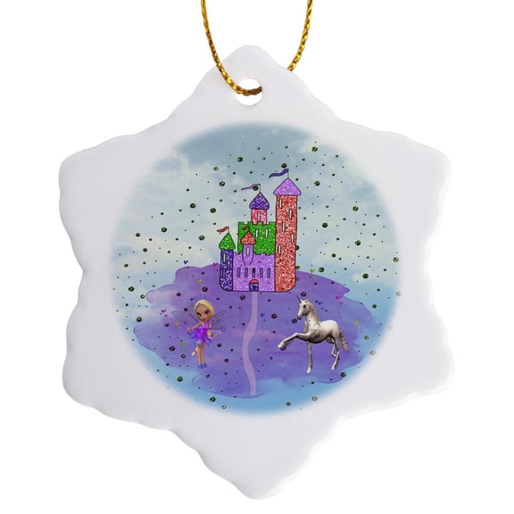 3drose, Glitter Look Castle with Fairy Princess and Unicorn, 3 inch Snowflake Porcelain Ornament