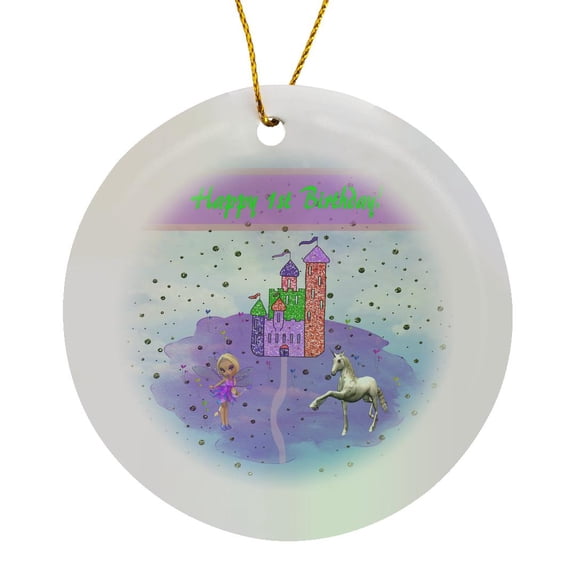 3drose, Glitter Look Castle with Fairy Princess and Unicorn, Happy 1st Birthday, Circle Porcelain Ornament