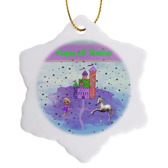 3drose, Glitter Look Castle with Fairy Princess and Unicorn, Happy 6th Birthday, 3 inch Snowflake Porcelain Ornament