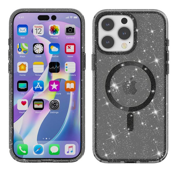 Glitter Magnetic Case for iPhone 15 Pro Max with Tempered Glass Screen Protector - Black