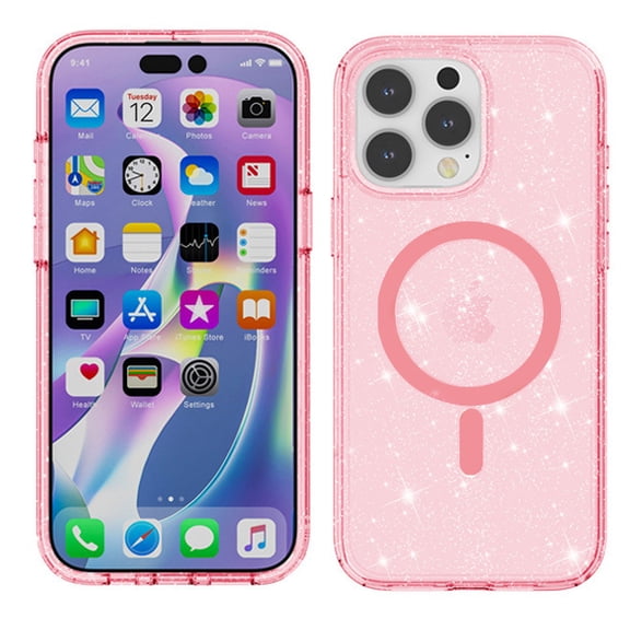 Glitter Magnetic Case for iPhone 15 Pro Max with Tempered Glass Screen Protector - Pink