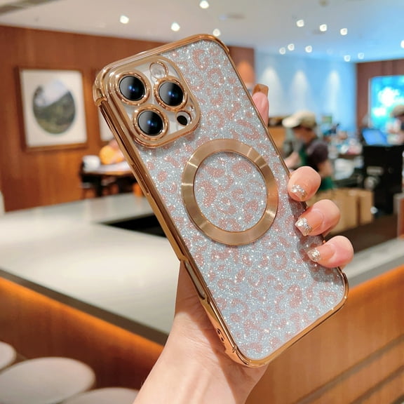 Glitter Magnetic Case for iPhone 12 Pro, [Compatible with MagSafe] Bling Cute Leopard Cheetah Print Designed for Women Girls, Luxury Plating Stylish Protective Clear Phone Cover - Gold