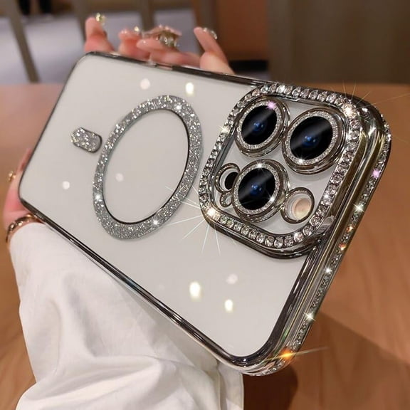 Glitter Magnetic Case For iPhone 14 13 12 11 Pro Max Plus [ Sparkling Diamond Bumper] Compatible with Magsafe, Camera Lens Protector, Bling Shiny Transparent Cover (Silver,For iPhone 12 Pro Max)
