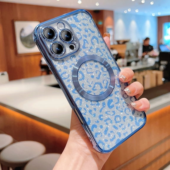 Glitter Magnetic Case for iPhone 15 Pro, [Compatible with MagSafe] Bling Cute Leopard Cheetah Print Designed for Women Girls, Luxury Plating Stylish Protective Clear Phone Cover - Blue