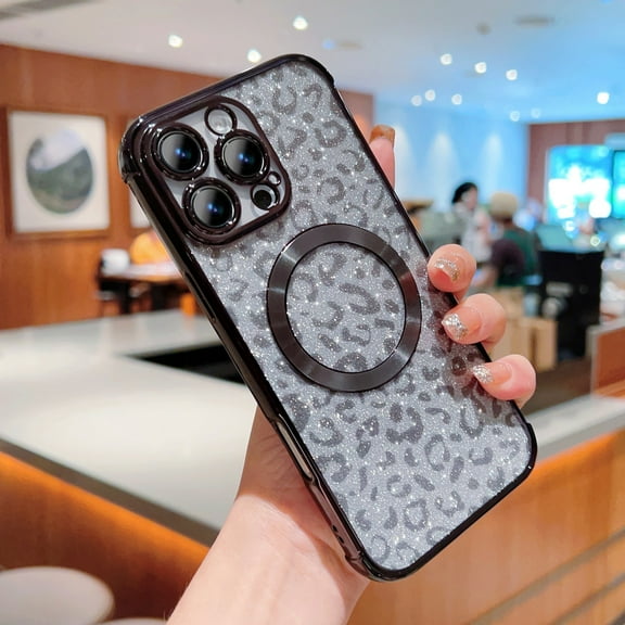 Glitter Magnetic Case for iPhone 16 Plus, [Compatible with MagSafe] Bling Cute Leopard Cheetah Print Designed for Women Girls, Luxury Plating Stylish Protective Clear Phone Cover - Black