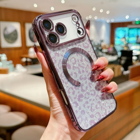 Glitter Magnetic Case for iPhone 17 Pro, [Compatible with MagSafe] Bling Cute Leopard Cheetah Print Designed for Women Girls, Luxury Plating Stylish Protective Clear Phone Cover - Darkpurple