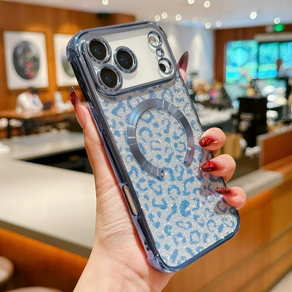Glitter Magnetic Case for iPhone 17 Pro, [Compatible with MagSafe] Bling Cute Leopard Cheetah Print Designed for Women Girls, Luxury Plating Stylish Protective Clear Phone Cover - Blue