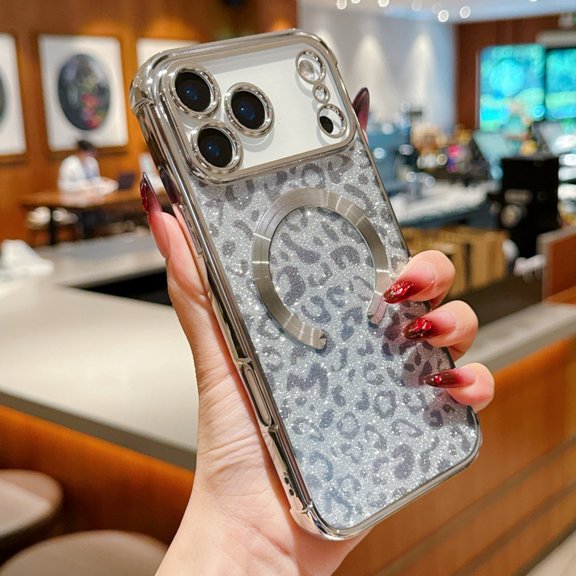 Glitter Magnetic Case for iPhone 17 Pro Max, [Compatible with MagSafe] Bling Cute Leopard Cheetah Print Designed for Women Girls, Luxury Plating Stylish Protective Clear Phone Cover - Silver