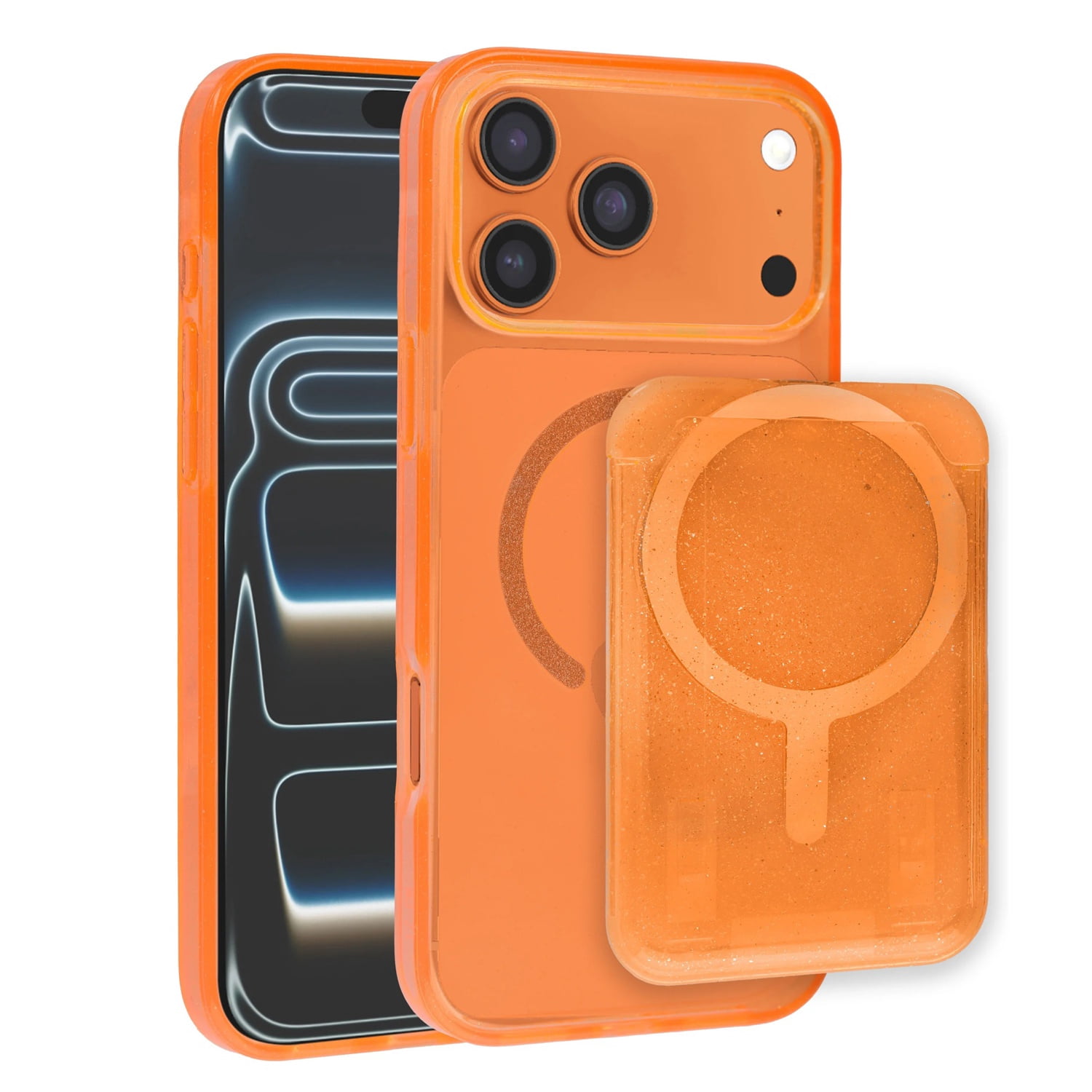 Glitter Magnetic Case with Wallet Slot for iPhone 17 Pro Max - Orange