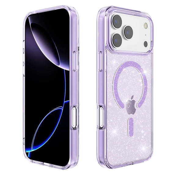 Glitter Magnetic PC & TPU Case for iPhone 17 Pro Max with Tempered Glass Screen Protector - Purple