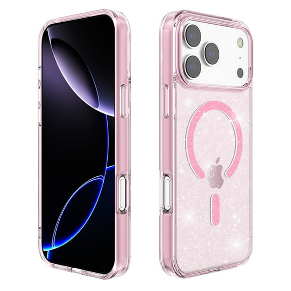 Glitter Magnetic PC & TPU Case for iPhone 17 Pro with Tempered Glass Screen Protector - Pink