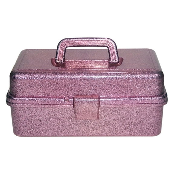 Glitter Makeup Organizer, 3-Tier Stackable Cosmetic Storage Box with Handle, Portable Beauty And Jewelry Case for Vanity, Travel, And Craft Supplies, Stylish Gold Glitter Design