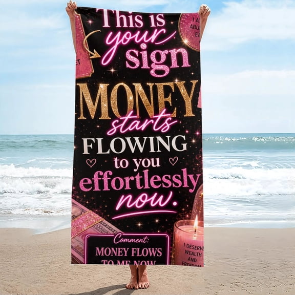 Glitter Manifestation Money Affirmation Quote Oversized Beach Towel, Sand-Free 27.5" x 55"