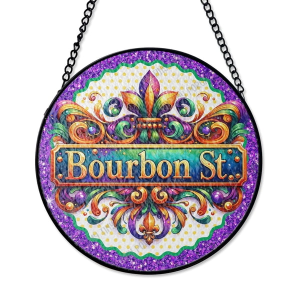 Glitter Mardi Gras Party Wreath Suncatcher Stained Glass Style, UV Printed Glass, Shiny Carnival Home Decor, Round