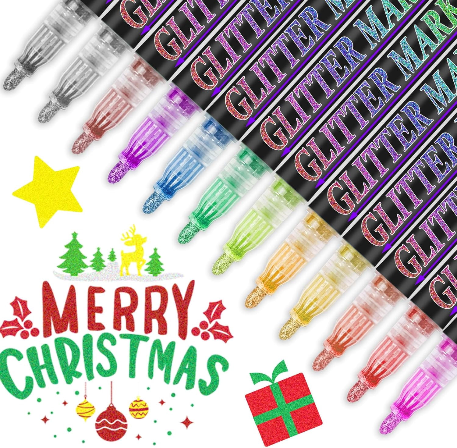 Glitter Marker Pens, 12 Colors Metallic Shimmer Glitter Markers Paint Pens, Glitter Art Marker for Adults DIY Crafts Greeting Birthday Cards Making Poster Album Scrapbooking Wood