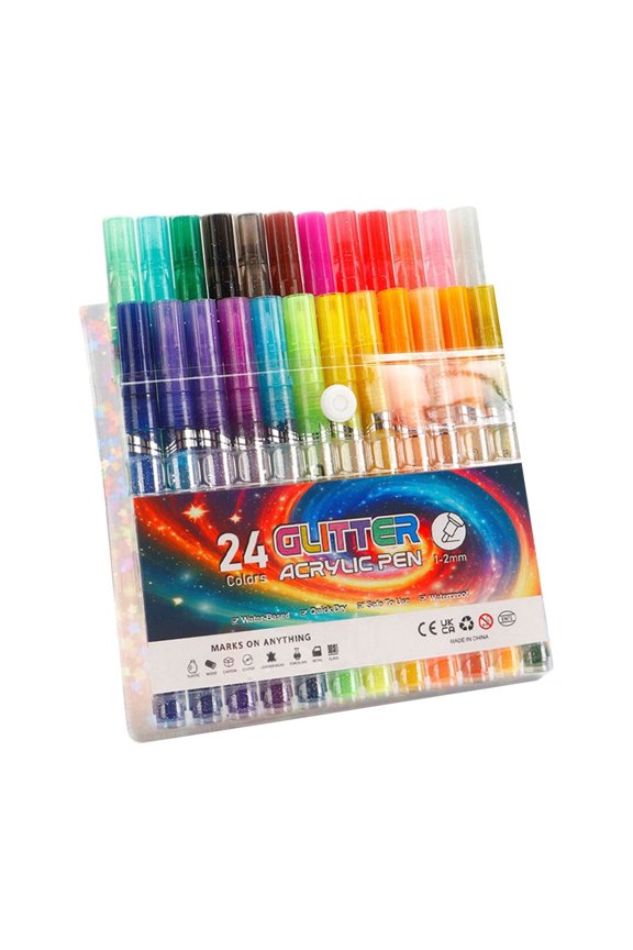 Glitter Markers, 12/24 Pack Fine Tip Acrylic Paint Markers, Vibrant Glitter Pens for Coloring Books, Quick-Drying Water-Based Metallic Glitter Pens for Paper,Card Making, Canvas, Fabric