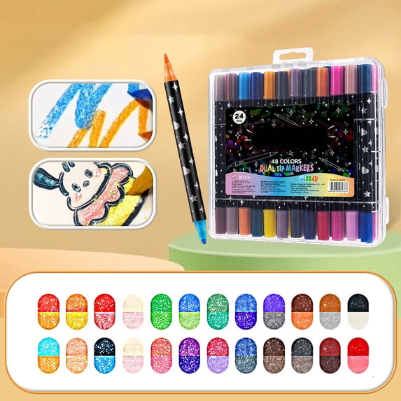 Glitter Markers 48 Colors 24Pcs Dual Tip 2 in 1 Two Tone Pearlescent Gel Pens Fine Tip Metallic Coloring Markers for Bullet Journal Art Supplies Drawing Office College by PALIFEUR