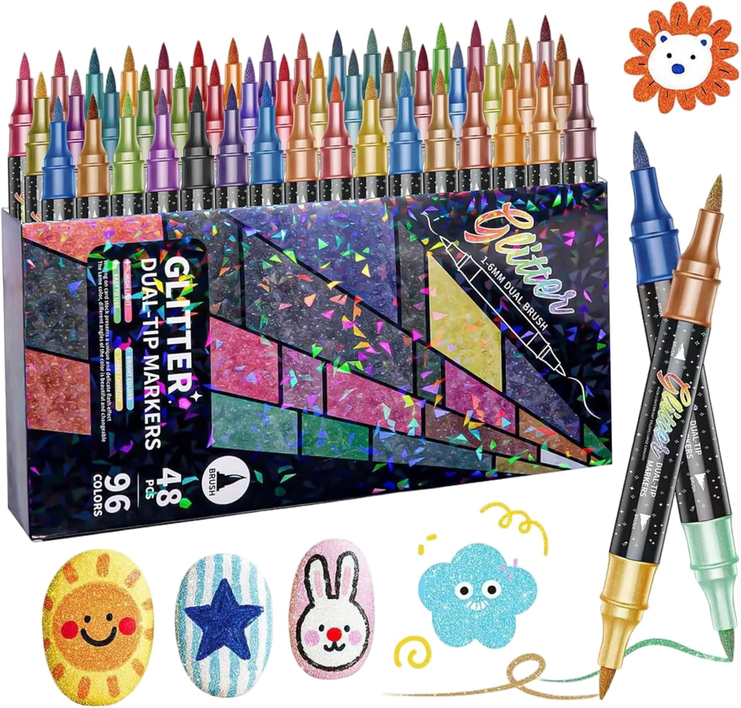 Glitter Markers, 48 Dual Tip Markers with 96 Sparkling Colors Double Ended Brush Pens with Fine Glitter for Crafts, Journaling, Card Making & Adult Coloring Books..