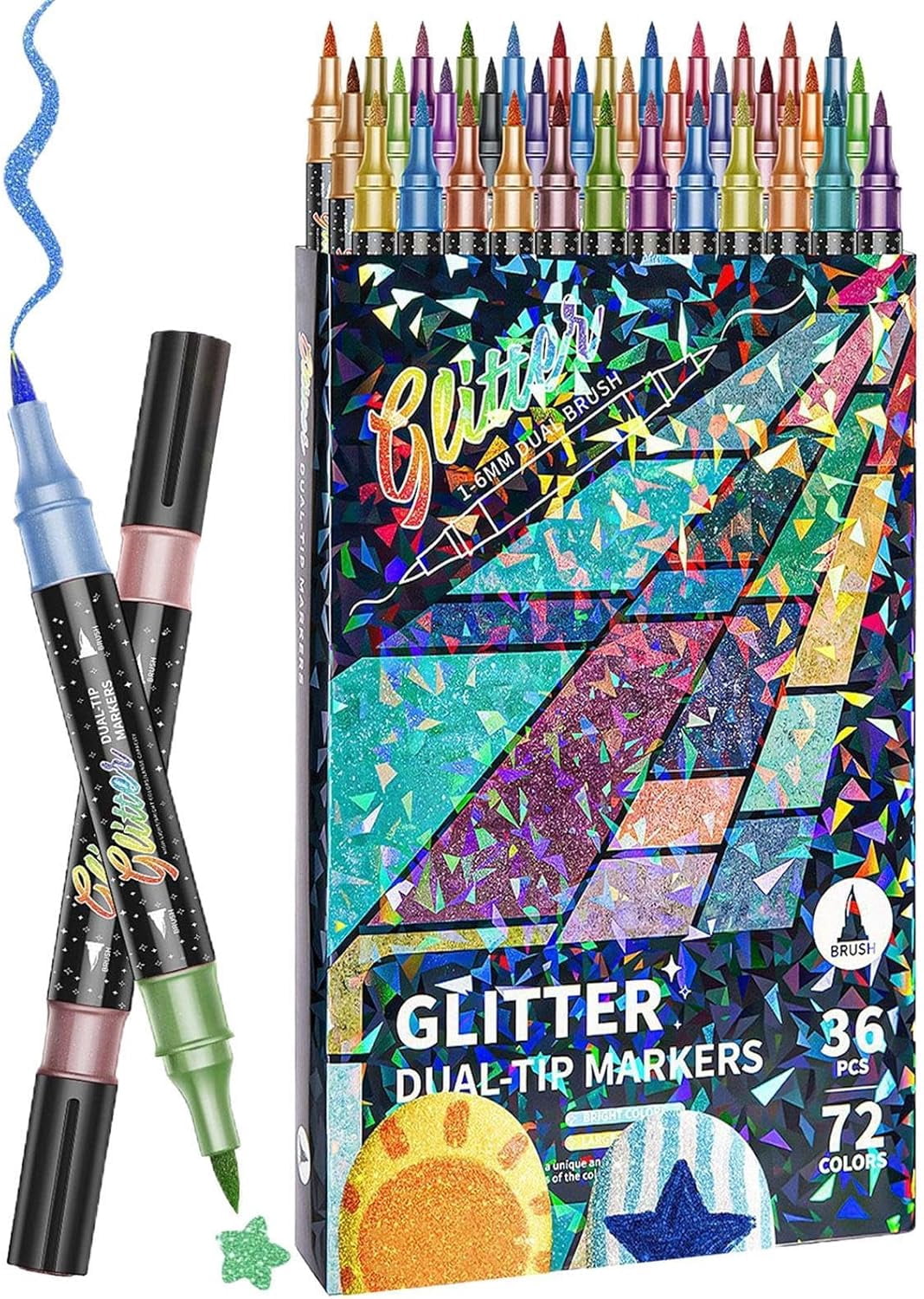 Glitter Markers - Double-Tip Fine Brush Head Coloring Pens | Non-Bleed Clog-Free Sрarkle Ink | For Card Making DIY Crafts Scrapbooking Art Supplies, Journaling Sketching