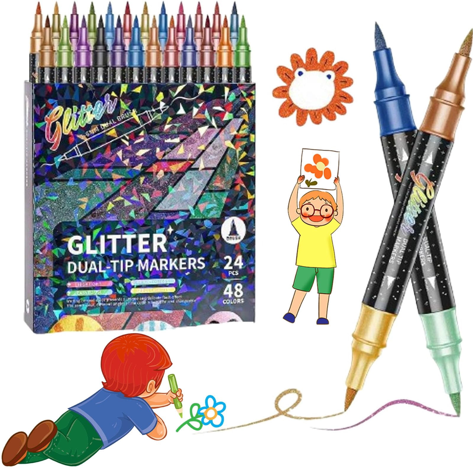 Glitter Markers, Dual Tip Brush Pens with Sparkle Ink for DIY Crafts Card Making Doodling