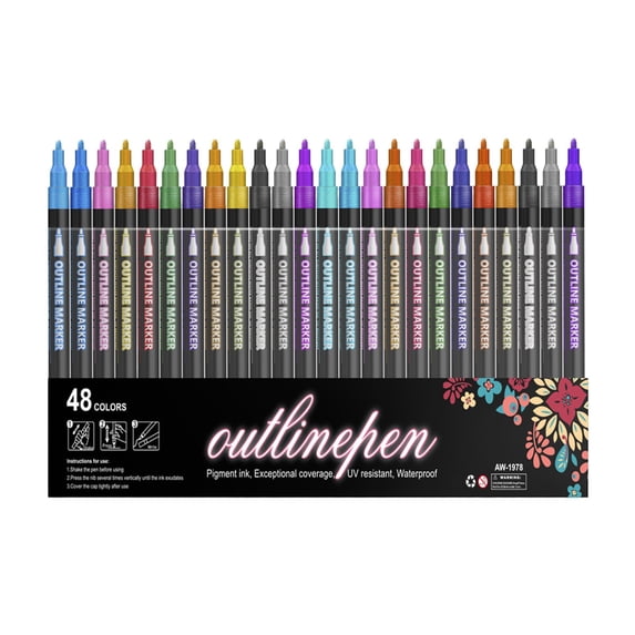 Glitter Markers Outline Pens Metallic, Ngxiha 48 Double Line Outline Markers, Outlining Glitter Pens Adult Coloring Gel Sparkle Outliner Shimmer for Diy Crafts Scrapbooking Ergonomic Water Based in k