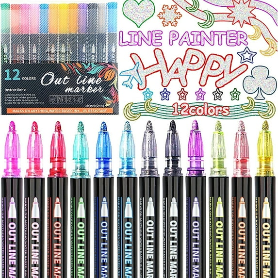Glitter Markers Set, 12 Colors Outline Marker Set, Metallic Outline Markers, Dual Line Glitter Markers for Art, Writing, Drawing, Card Making, Art Crafts