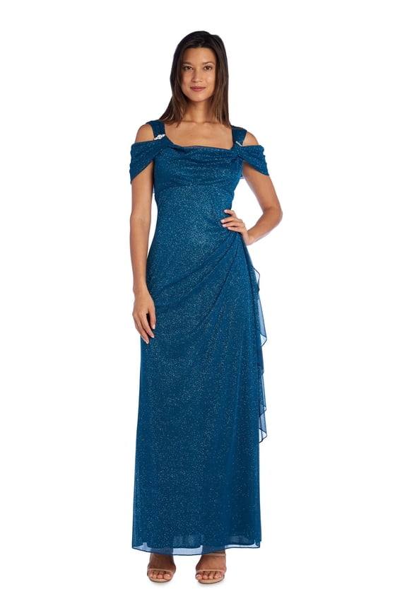 Glitter Mesh Column Dress with Draping and Shoulder Caps