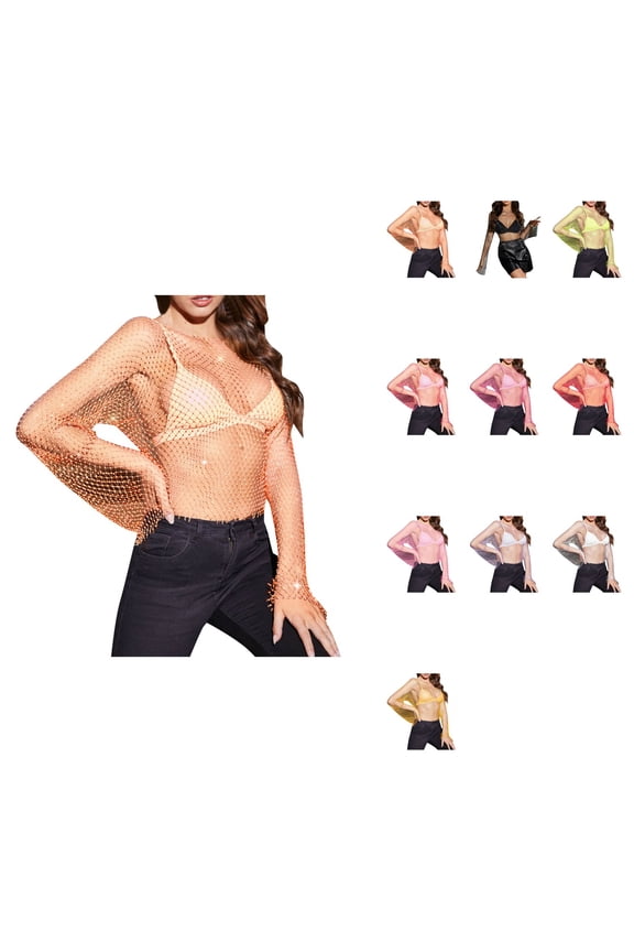 Glitter Mesh Diamond Body Chain Crop Top Womens Long Sleeve Rhinestone See-Through Pearl Beach Cover Up Oversized T-Shirt Blouse