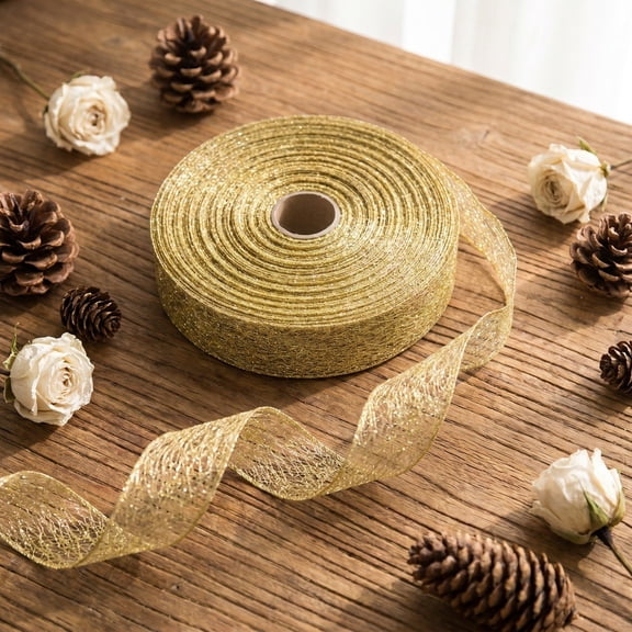 Glitter Mesh Ribbon, Sparkling Crinkle Net Wired Trim, Decorative Sheer Ribbon for Christmas Tree Wreath Gift Wrapping Holiday Decor