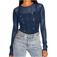 thumbnail image 1 of Glitter Mesh Tops for Women Long Sleeve Crew Neck Shiny Going Out Outfits See-thought Slim Fit Party Clubwear (XL, Blue), 1 of 7
