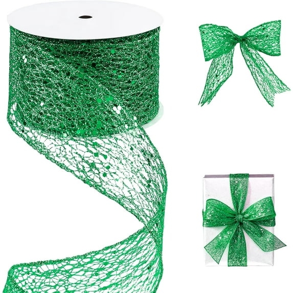 Glitter Mesh Wired Ribbon 2.5" X 10 Yards Webbed Sequin Glitter Christmas Ribbon for Tree Garlands Decoration, Home Decor, Craft Projects, Wreath Supplies