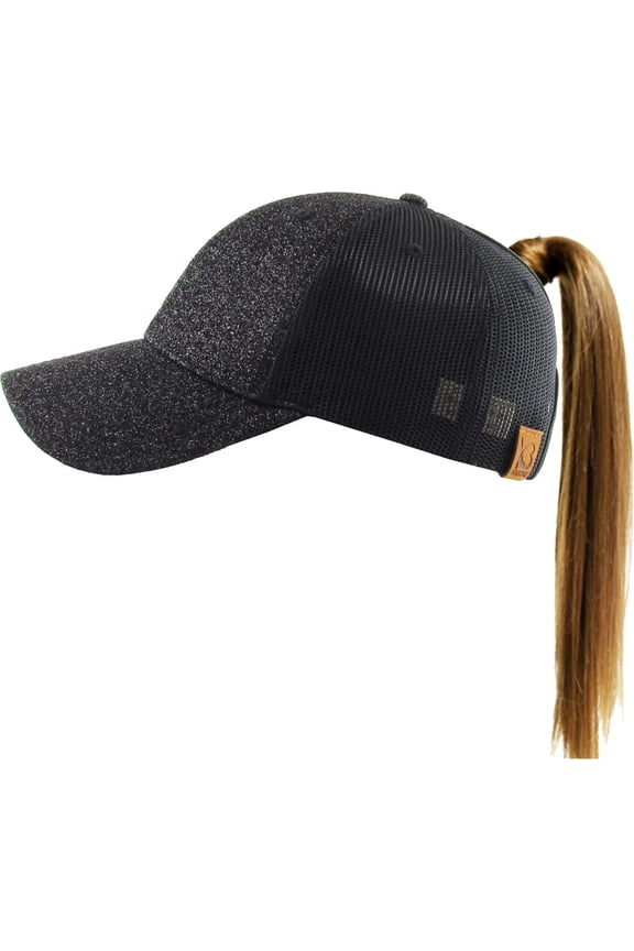 Glitter Meshback Ponytail Messy High Bun Adjustable Washed Cotton Baseball Cap