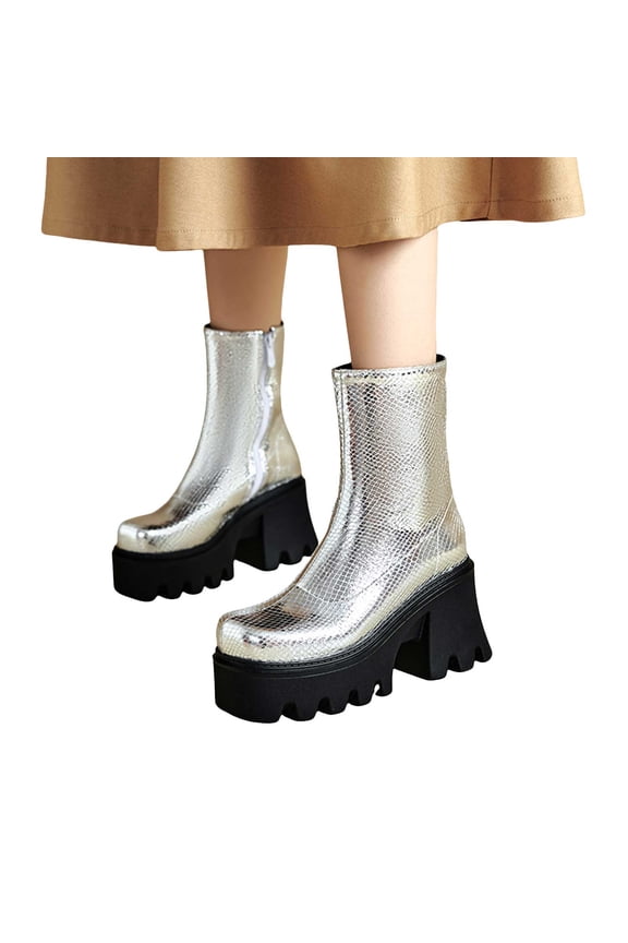 Glitter Metallic Platform Chunky Chelsea Ankle Boots for Women Sparkly Silver Gold Punk Mid Calf Short Booties
